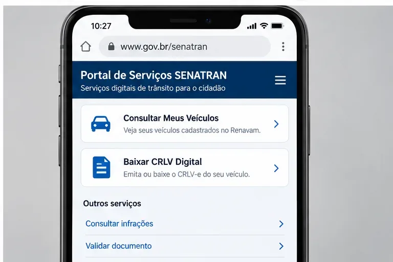 Tela de referência do Portal de Serviços da Senatran com opções Consultar Meus Veículos e Baixar CRLV Digital