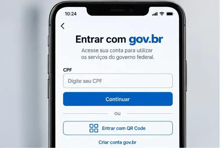 Tela de referência para entrada com conta gov.br, mostrando campo de CPF e botão de continuidade
