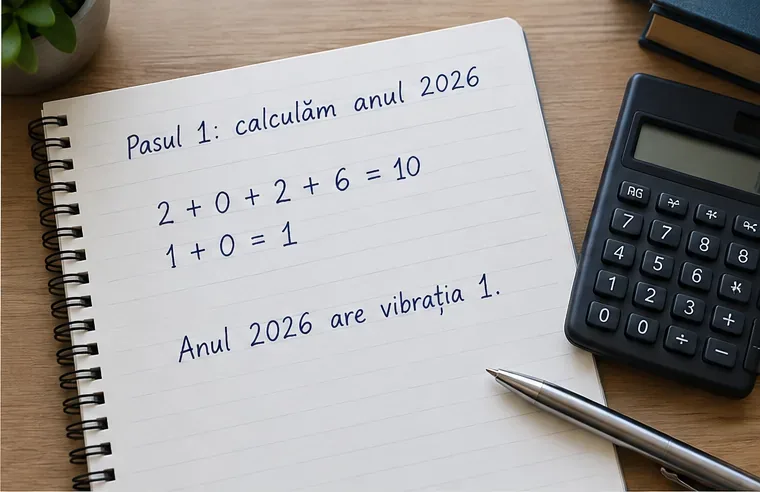 Caiet cu operația 2 plus 0 plus 2 plus 6 egal 10, redus apoi la 1 pentru anul 2026