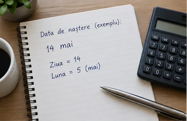 Caiet cu data de naștere 14 mai, ziua 14 și luna 5, pregătite pentru calculul numerologic