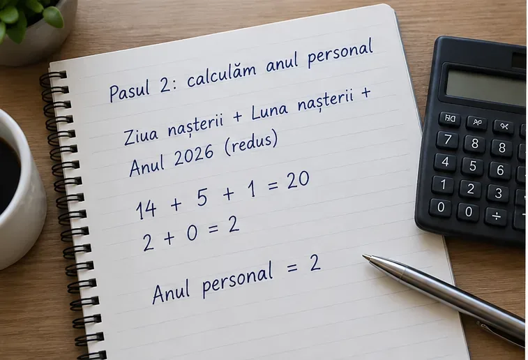 Caiet cu calculul 14 plus 5 plus 1 egal 20, redus la anul personal 2