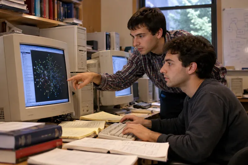 Dos jóvenes trabajando frente a ordenadores de tubo en un laboratorio universitario de finales de los años noventa, observando un gráfico de enlaces entre páginas web