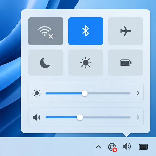 Panel szybkich ustawień komputera z ikoną Wi-Fi oznaczającą brak połączenia z siecią.