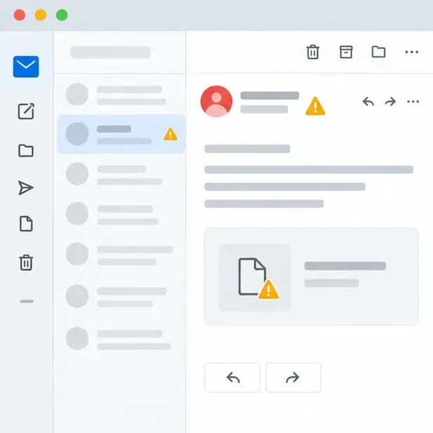 Ogólny widok skrzynki e-mail z zaznaczoną wiadomością i ikonami ostrzeżenia przy nadawcy oraz załączniku.