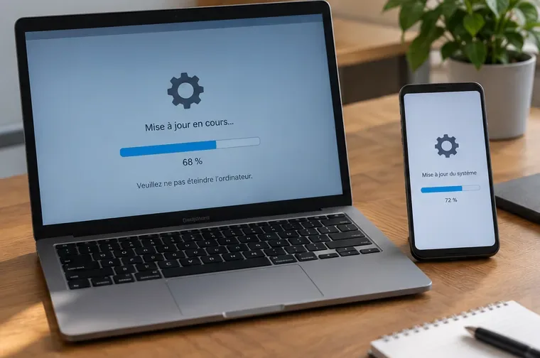 Un ordinateur portable et un smartphone affichent une mise à jour système en cours