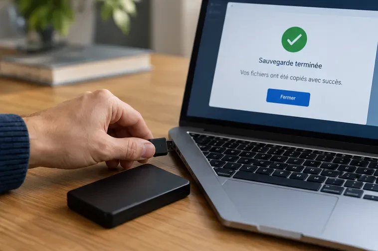 Une main débranche un disque externe après une sauvegarde terminée sur un ordinateur portable