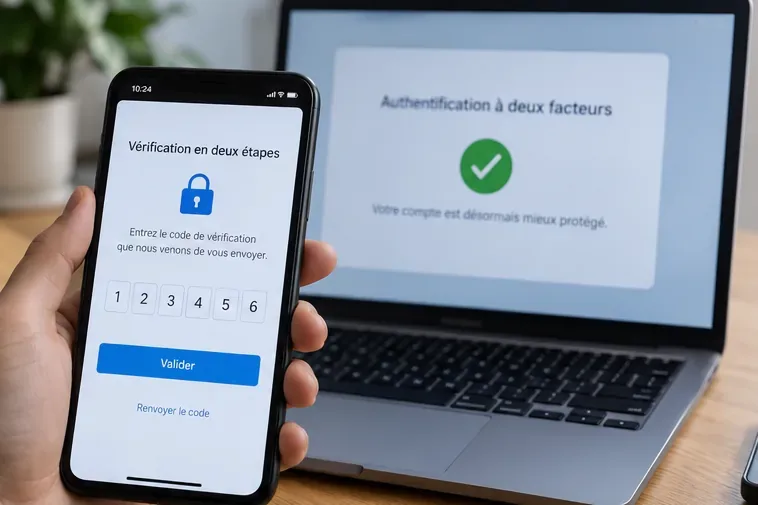 Un téléphone affiche une vérification en deux étapes devant un ordinateur portable