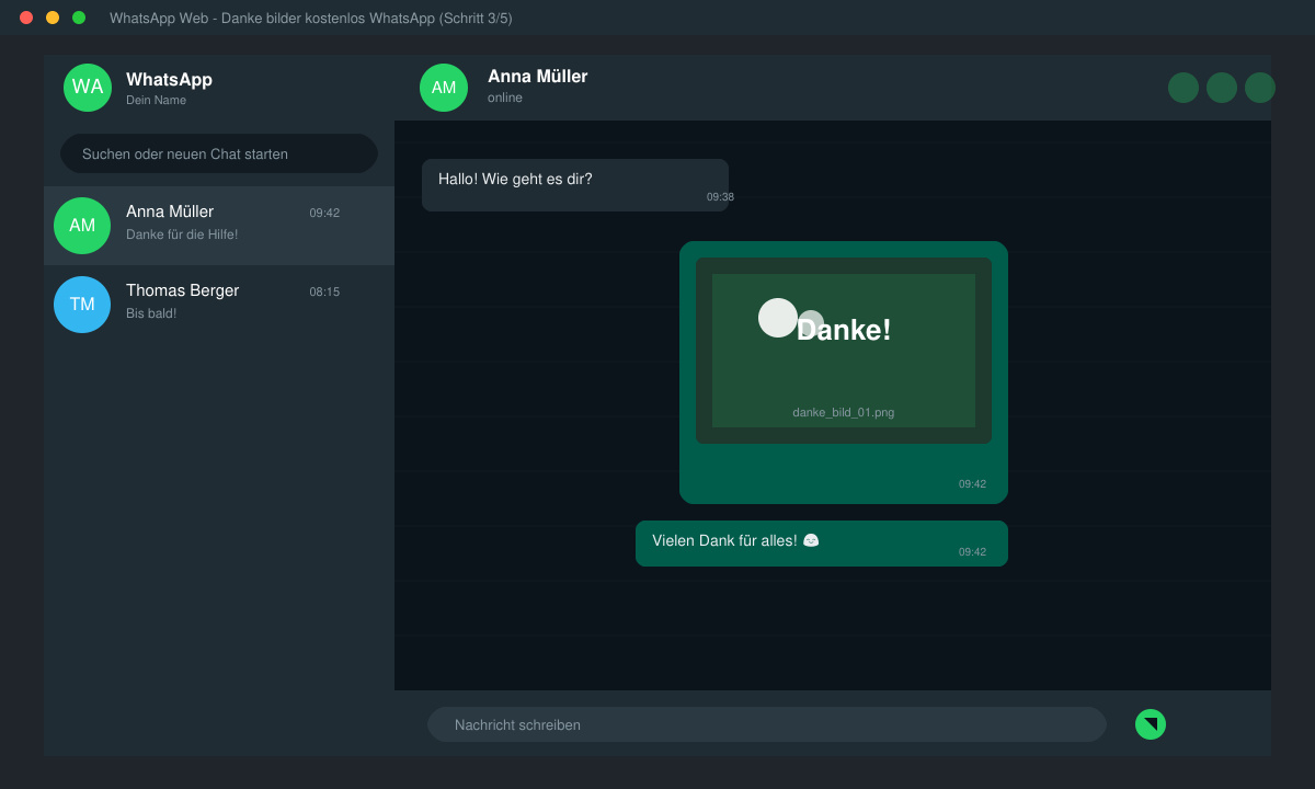 WhatsApp-Chat mit versendetem Dankesbild und kurzer Nachricht