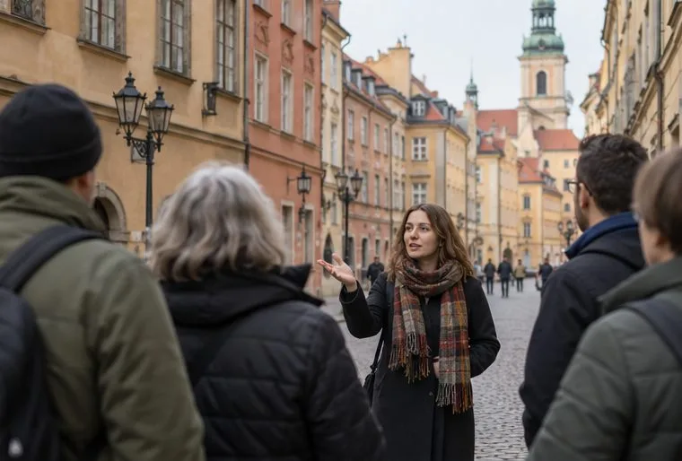 Grupa spacerowiczów słucha przewodniczki na historycznej ulicy z kamienicami.