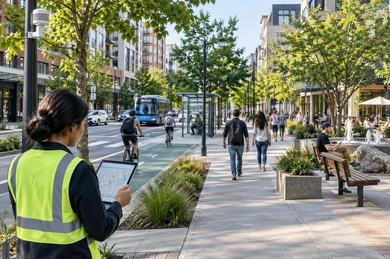 Urban planner using a tablet beside a tree-lined street with pedestrians, cyclists, a protected bike lane, and public transit