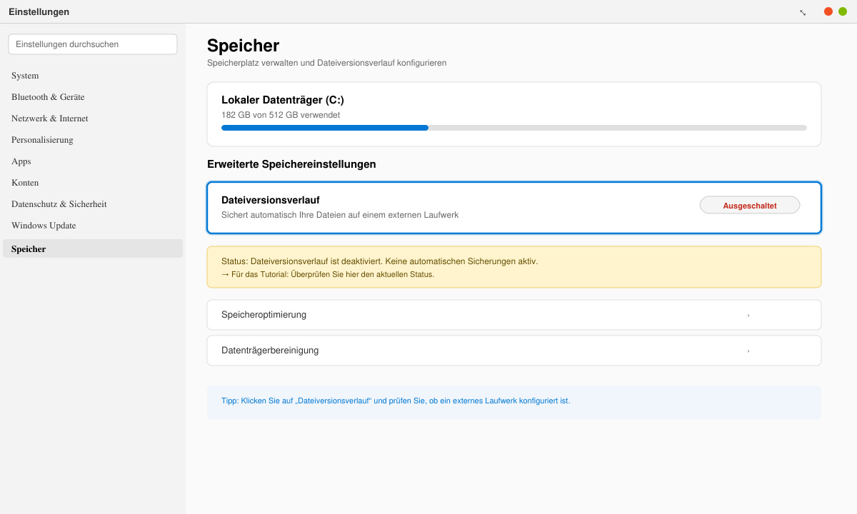 Dateiversionsverlauf Status in den Windows 11 Speichereinstellungen prüfen