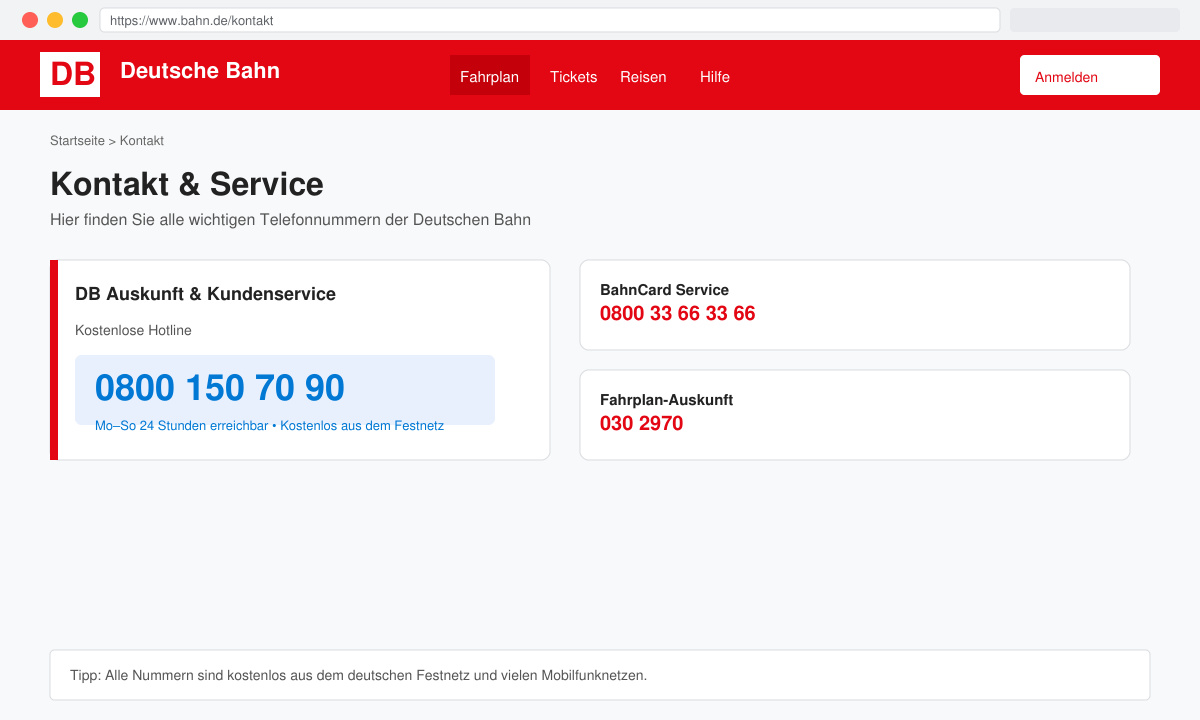 Screenshot der Kontaktseite auf bahn.de mit der Telefonnummer