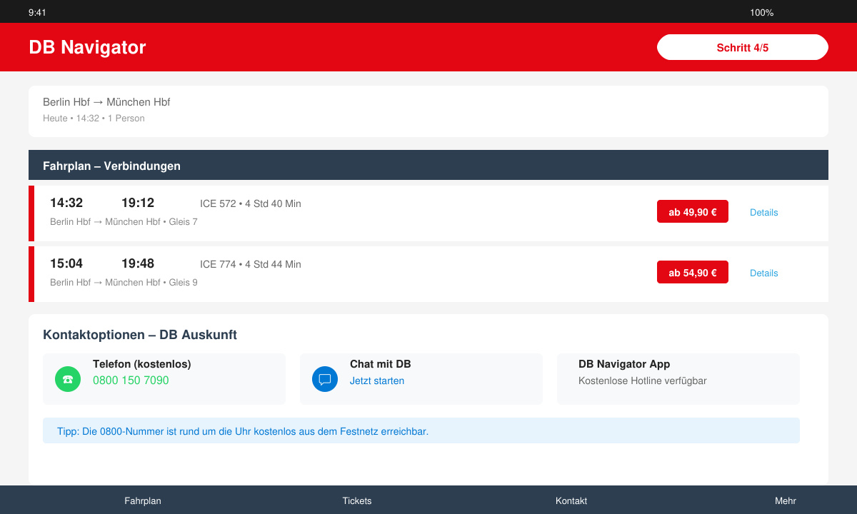 DB Navigator App mit angezeigtem Fahrplan und Kontaktoptionen