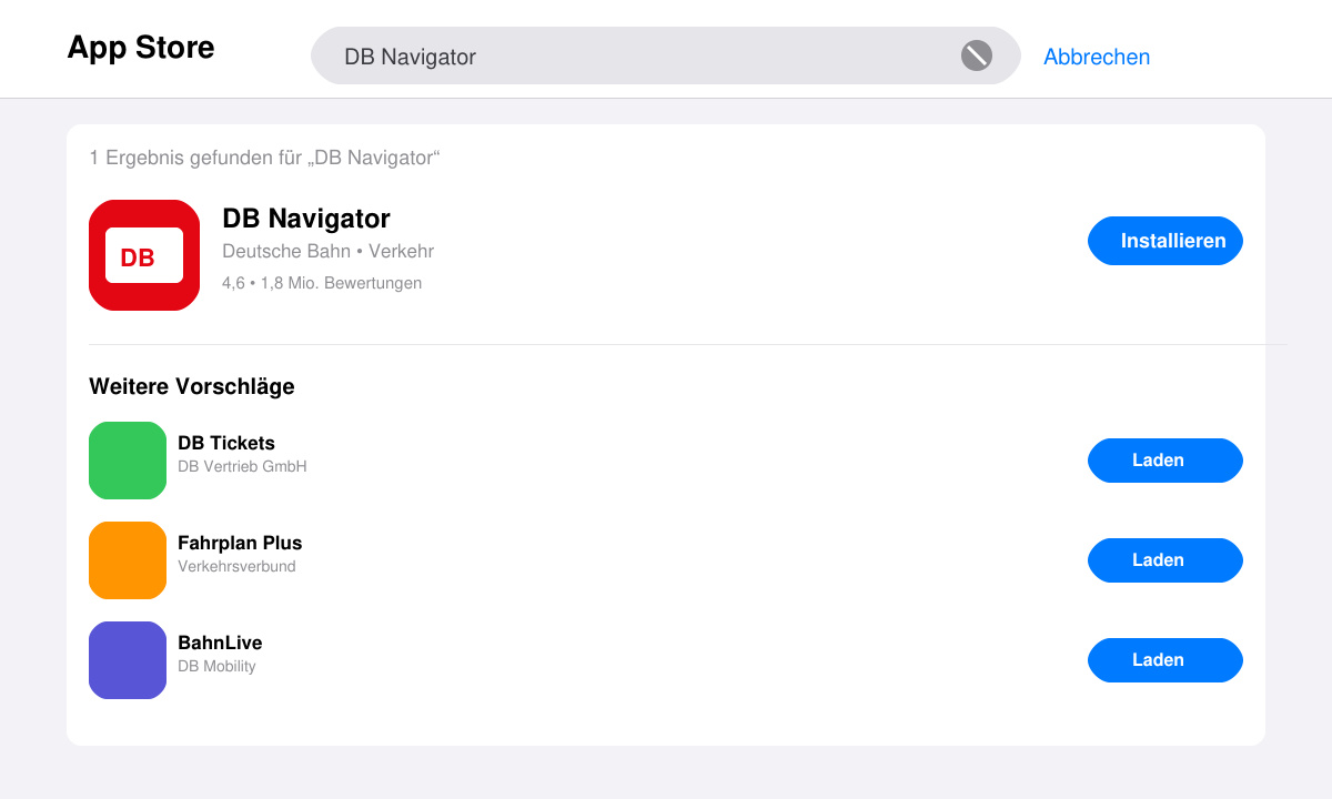 App-Store-Suche nach DB Navigator mit Installationsbutton