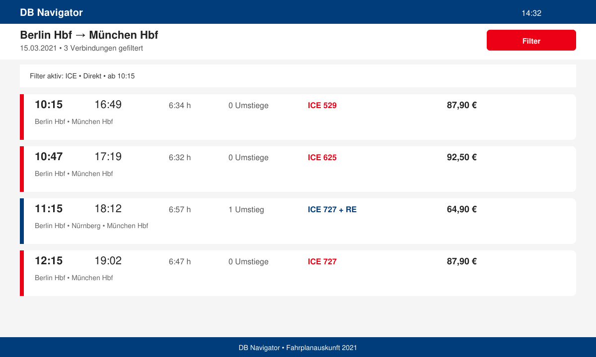 Liste mit gefilterten Zugverbindungen in der DB Navigator App