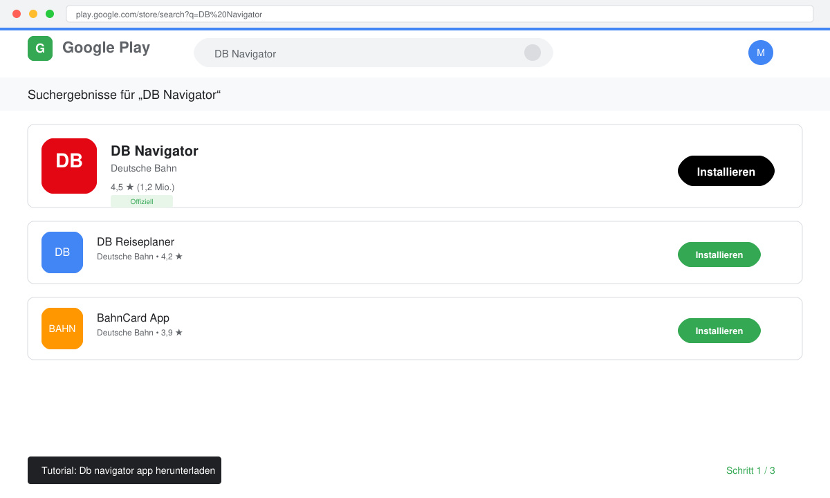 Screenshot der Suchergebnisse im Google Play Store mit der offiziellen DB Navigator App