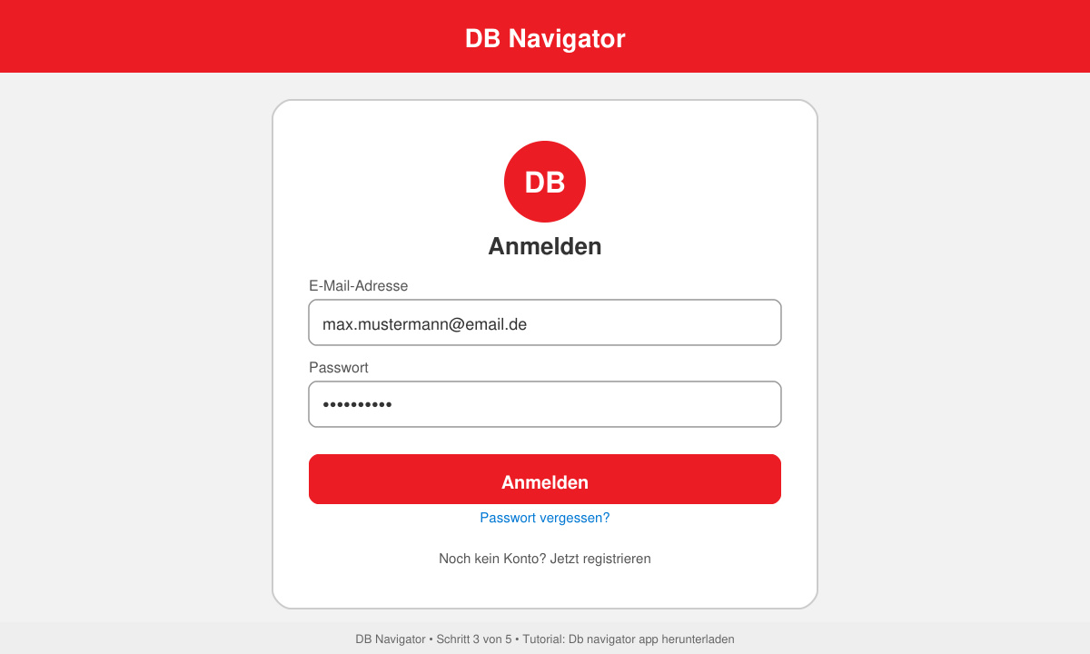 Anmeldebildschirm der DB Navigator App mit Eingabefeldern für E-Mail und Passwort