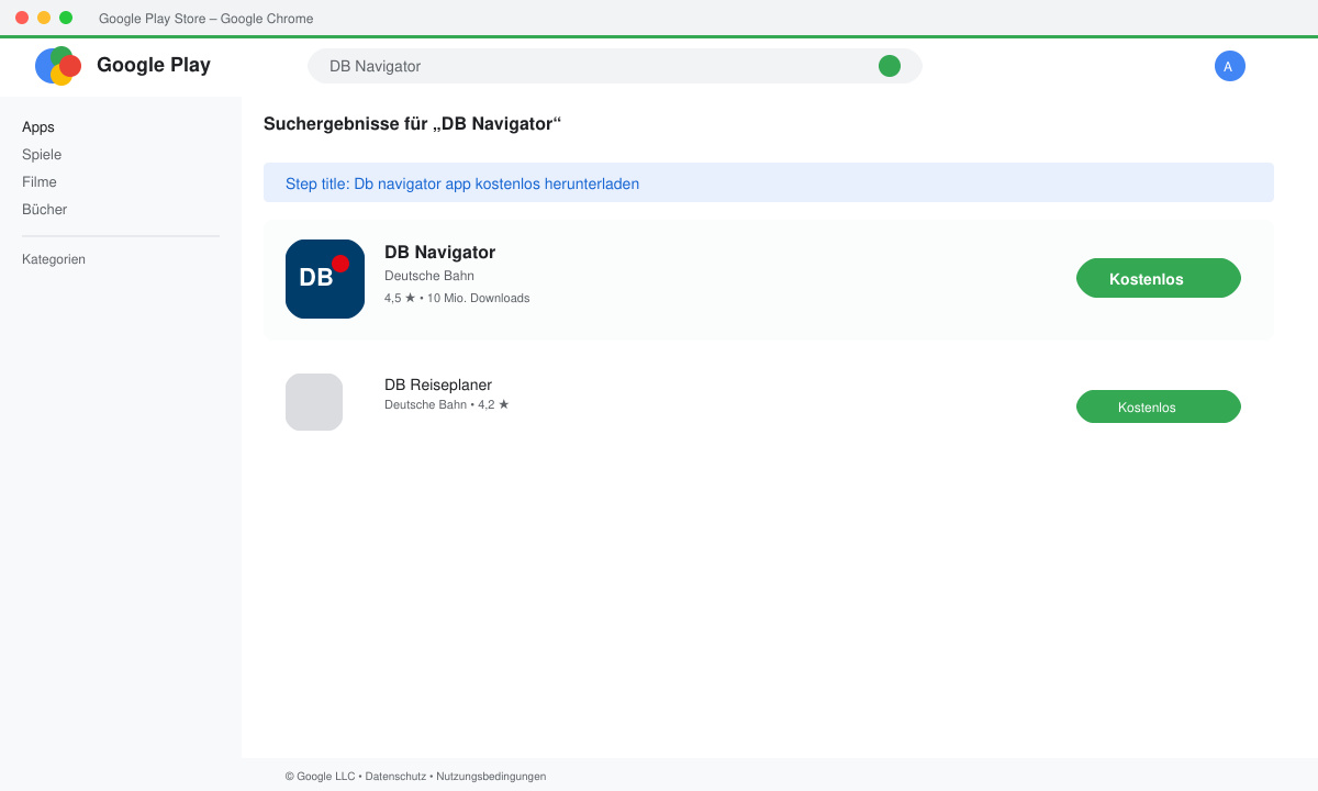 Suchergebnis im Google Play Store mit der offiziellen DB Navigator App