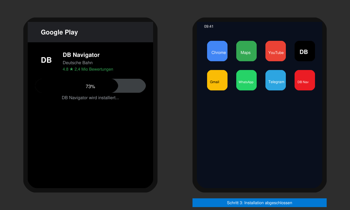 Installationsfortschritt und fertiger Startbildschirm der DB Navigator App