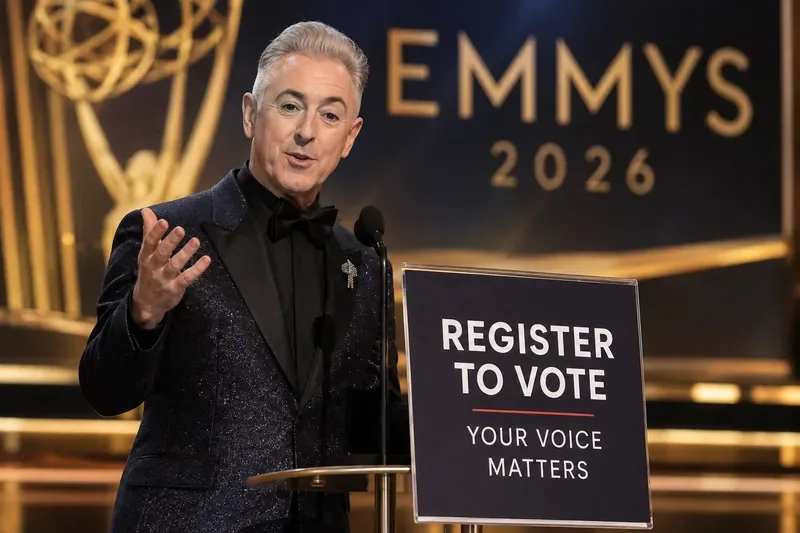 Un orador en un escenario de premios aparece junto a un cartel que dice Register to Vote y Your Voice Matters