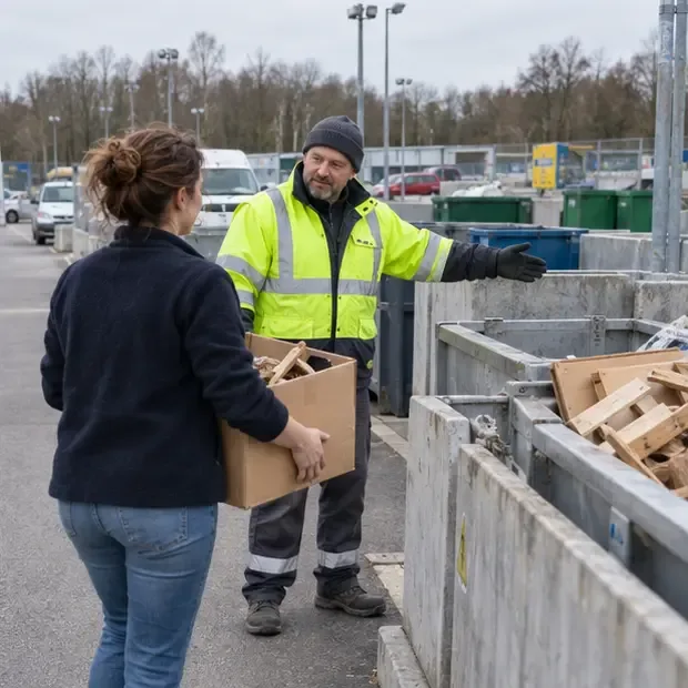 Un usager remet une boîte de matériaux triés à un agent qui lui indique la zone de dépôt correspondante.