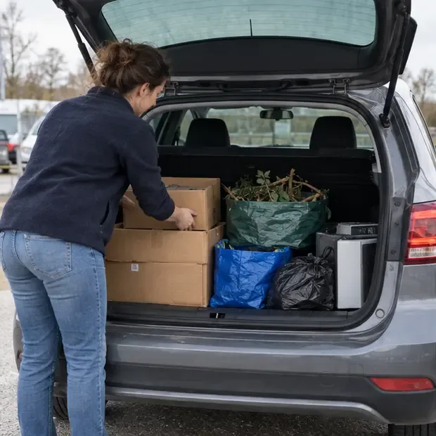 Une habitante range des cartons, des branches séparées et des sacs distincts dans le coffre d’une voiture avant un trajet en déchèterie.