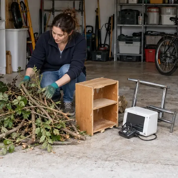 Une habitante sépare des branches, un meuble en bois, un objet métallique et un petit appareil électrique dans son garage.