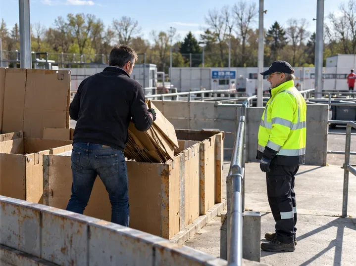 Un usager dépose des cartons dans un grand contenant, tandis qu’un agent en gilet haute visibilité l’accompagne.