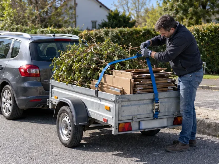 Des branches et des cartons aplatis sont chargés dans une remorque et maintenus par une sangle bleue.