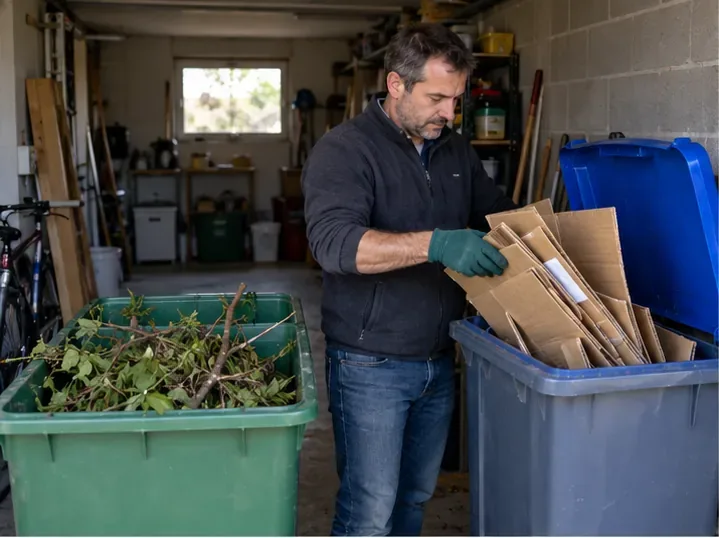 Dans un garage, une personne sépare des cartons aplatis et des branches dans deux grands bacs différents.