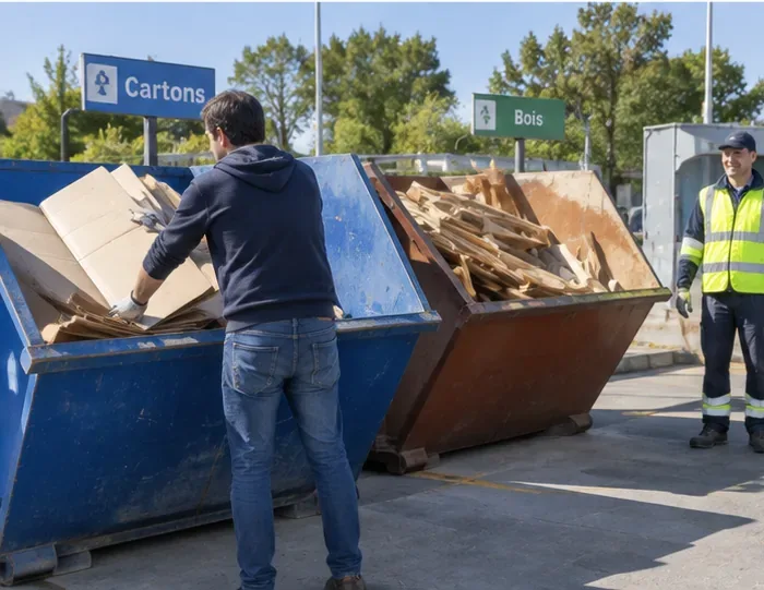 Un usager dépose séparément des cartons et du bois dans deux grandes bennes distinctes sous la surveillance d’un agent.