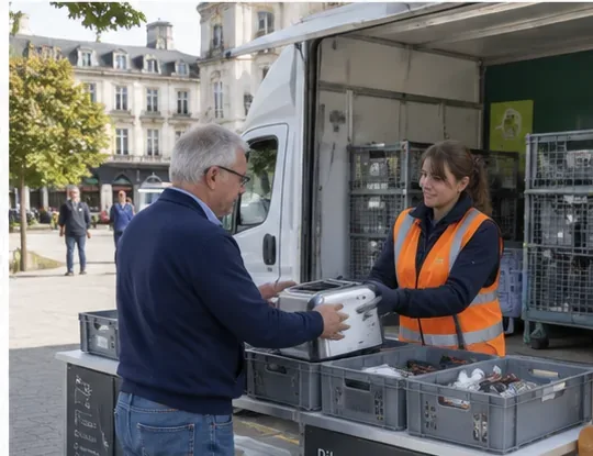 Un habitant remet un petit appareil électrique à une agente sur un point de collecte mobile installé en ville.