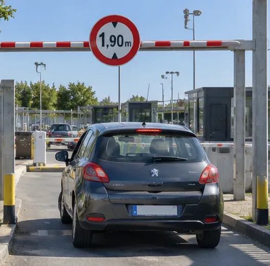 Une voiture particulière passe sous une barre de limitation de hauteur à 1,90 m à l’entrée d’un centre de recyclage.