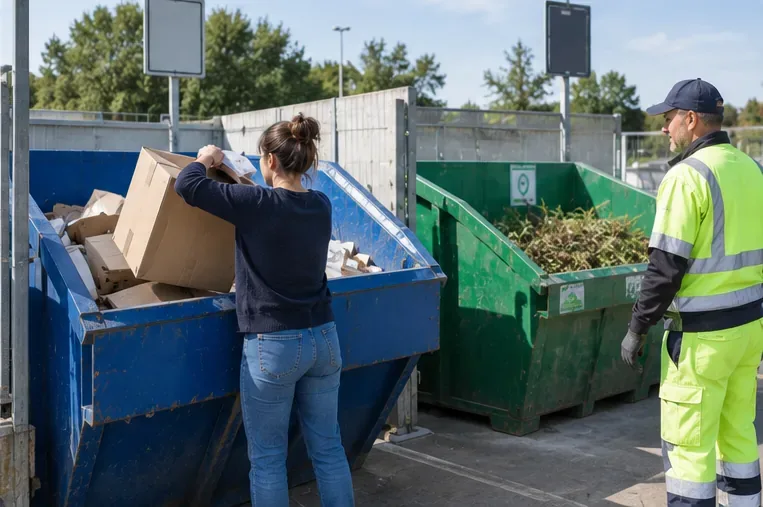 Une personne dépose du carton dans un conteneur distinct tandis qu’un agent se tient près d’une benne réservée aux déchets végétaux