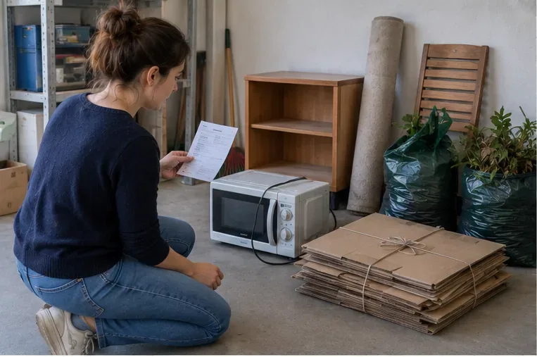 Une personne trie chez elle du carton, un petit appareil électrique, un meuble et des déchets végétaux avant un départ en déchèterie