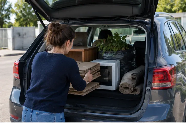 Une personne charge séparément des cartons, un petit appareil électrique, des végétaux et d’autres objets dans le coffre d’une voiture