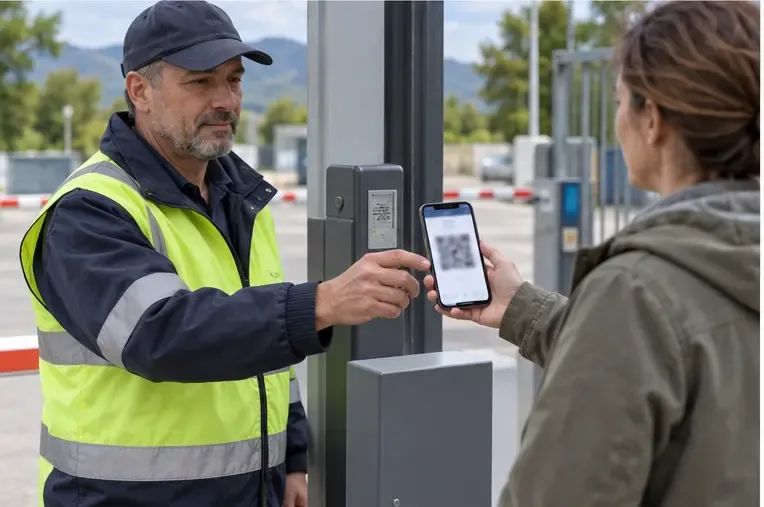 Usagère présentant un smartphone à un agent devant un contrôle d’accès de déchèterie