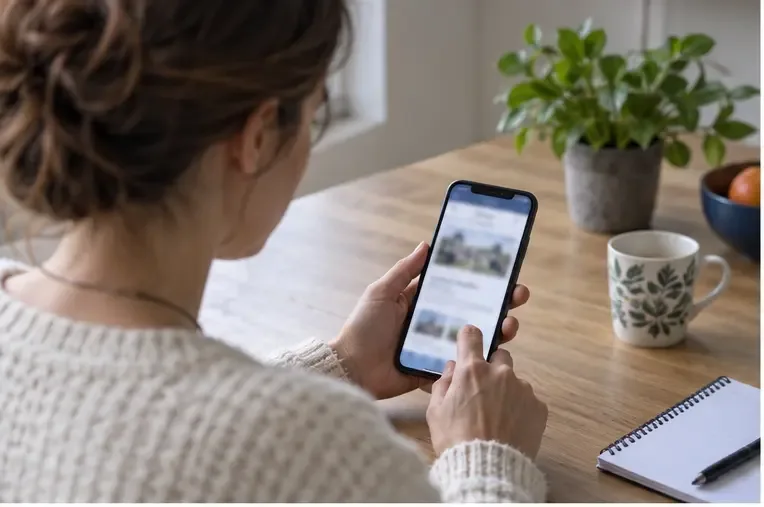 Personne consultant les informations de collecte et de déchèterie sur un smartphone