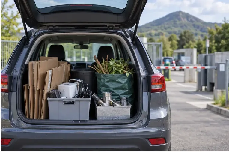 Coffre de voiture contenant des cartons, des petits appareils, des métaux et des végétaux séparés