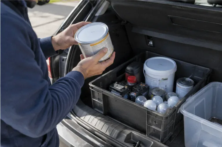 Une personne vérifie un pot de peinture dans le coffre d’une voiture, à côté de piles, d’ampoules et de contenants séparés.