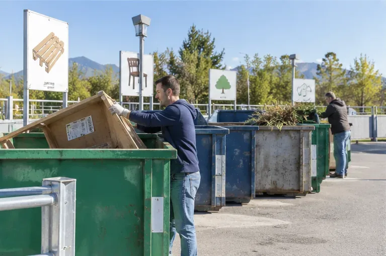 Un usager dépose des éléments en bois dans une grande benne, devant plusieurs conteneurs séparés par type de matériau.