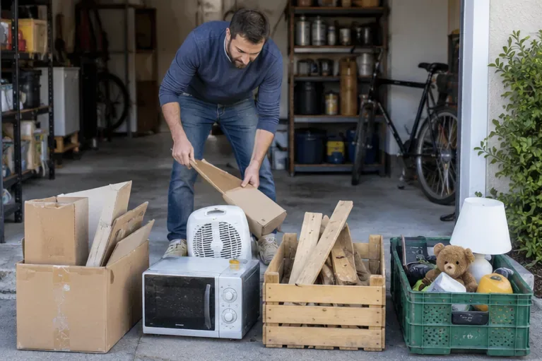 Un particulier trie séparément des cartons, du bois, un petit appareil électrique et des objets réutilisables avant le trajet vers une déchèterie.