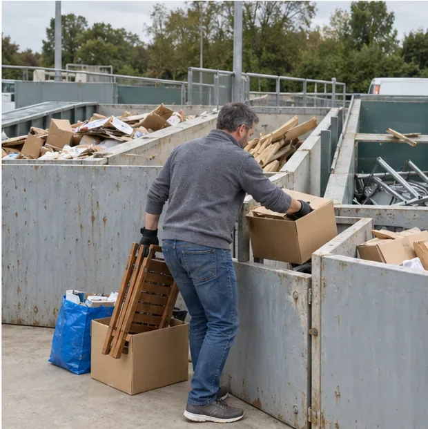 Un homme dépose une boîte en carton et une petite chaise dans des bennes distinctes d’un centre de recyclage