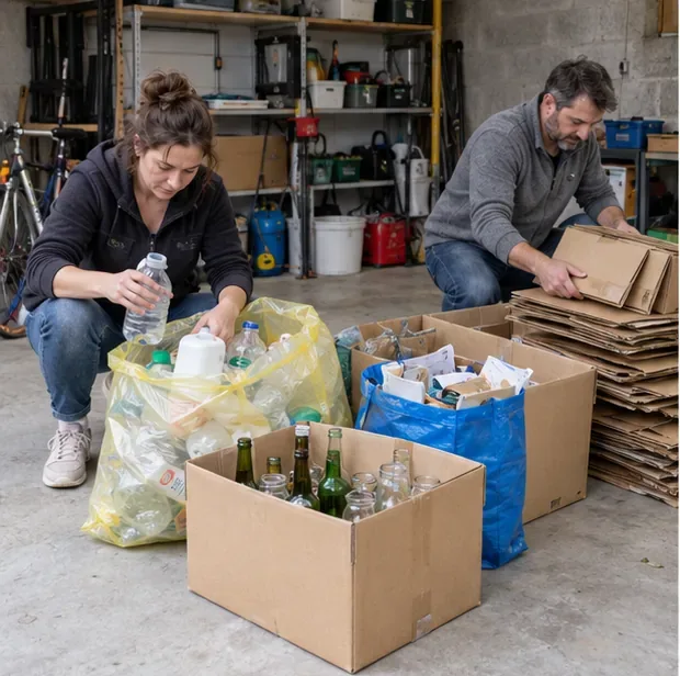 Deux personnes trient du carton, des emballages et des objets dans des contenants séparés, dans un garage
