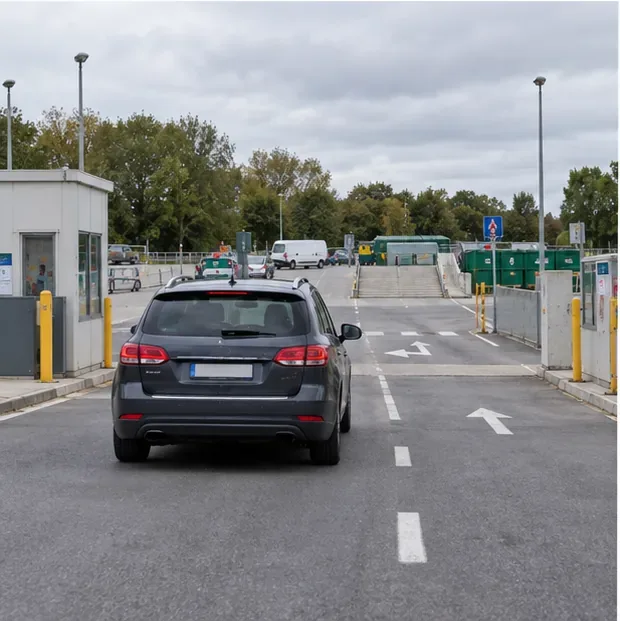 Une voiture avance dans une voie d’accès à un centre municipal de recyclage, entre des barrières et des zones de dépôt