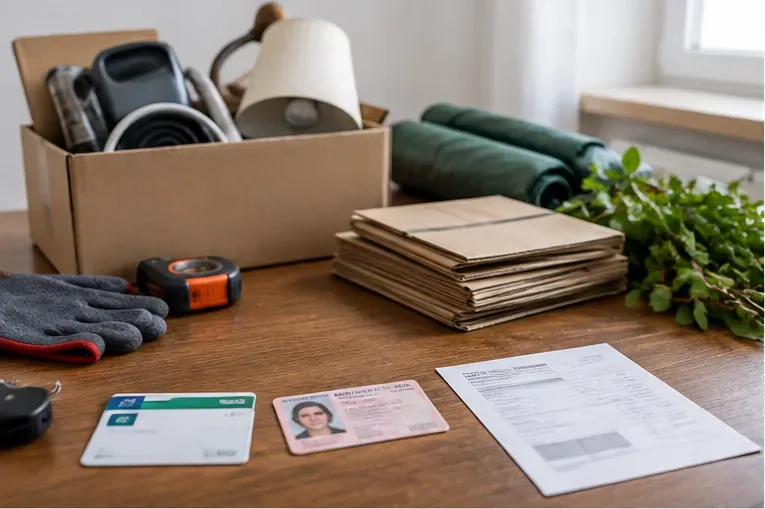 Cartons, objets ménagers, végétaux, gants et documents préparés sur une table avant un trajet en déchèterie.