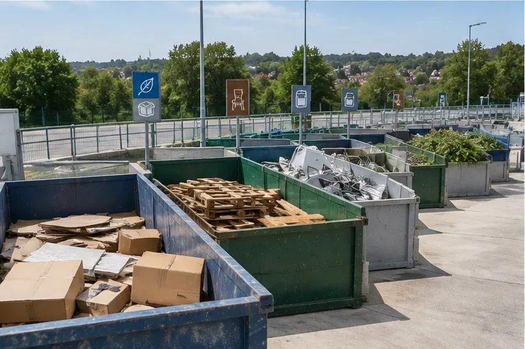 Rangée de bennes séparées contenant cartons, bois, métaux et végétaux dans une déchèterie.