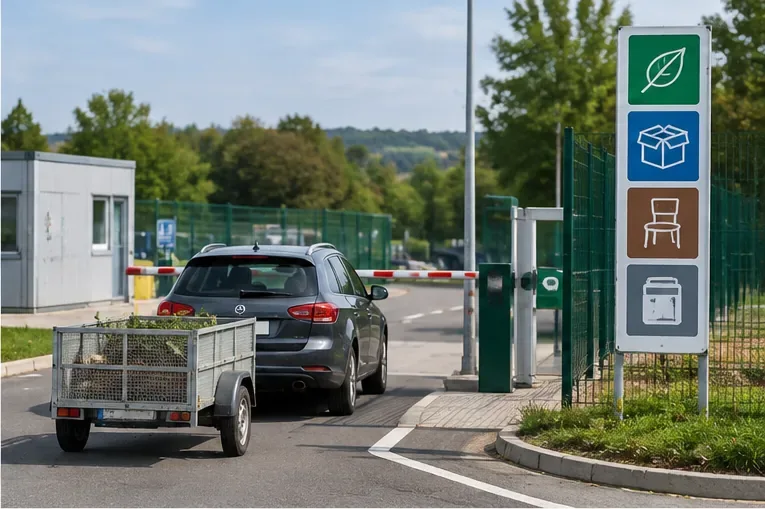 Voiture avec petite remorque arrivant devant la barrière d’entrée d’une déchèterie équipée de pictogrammes de tri.