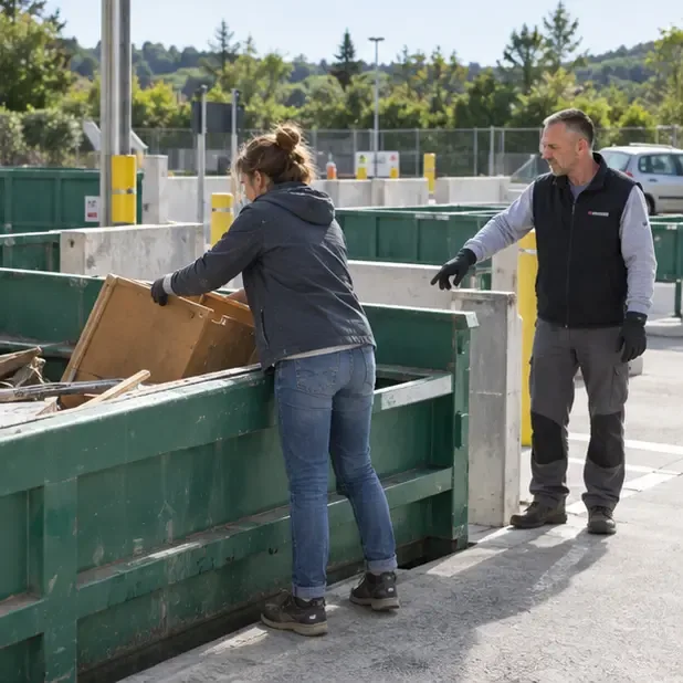Une personne dépose un panneau de bois dans un conteneur tandis qu’un agent indique la zone de dépôt