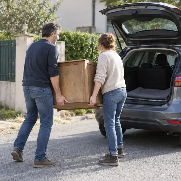 Deux personnes portent ensemble un meuble en bois vers le coffre ouvert d’une voiture